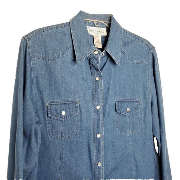 Y2K Womens Western Denim Shirt 14 L Pearl Snaps Pockets Cowgirl Rodeo Glam Blue - Picture 3 of 5